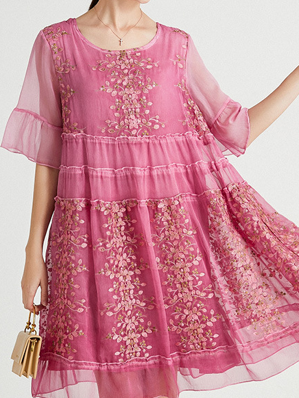 Femmes Floral Rose Col Rond Confortable Dentelle Court Robe Décontracté