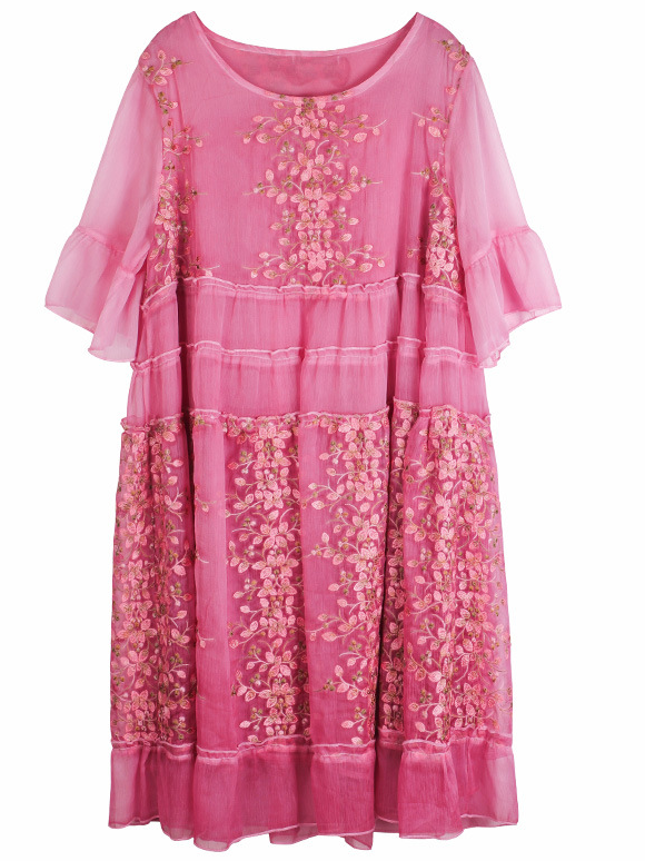Femmes Floral Rose Col Rond Confortable Dentelle Court Robe Décontracté