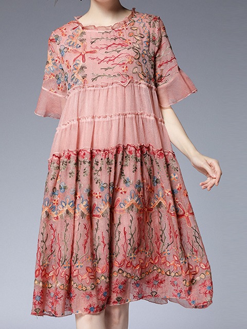 Femmes Floral Rose Col Rond Confortable Dentelle Court Robe Décontracté
