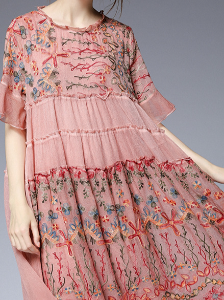 Femmes Floral Rose Col Rond Confortable Dentelle Court Robe Décontracté