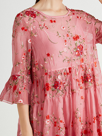 Femmes Floral Noir Col Rond Confortable Dentelle Robe Mi-Longue Décontracté