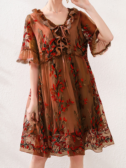 Femmes Floral Rose Col V Confortable Dentelle Court Robe Décontracté