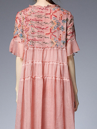 Femmes Floral Rose Col Rond Confortable Dentelle Court Robe Décontracté