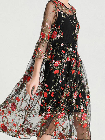 Femmes Floral Noir Col Rond Confortable Dentelle Robe Mi-Longue Décontracté