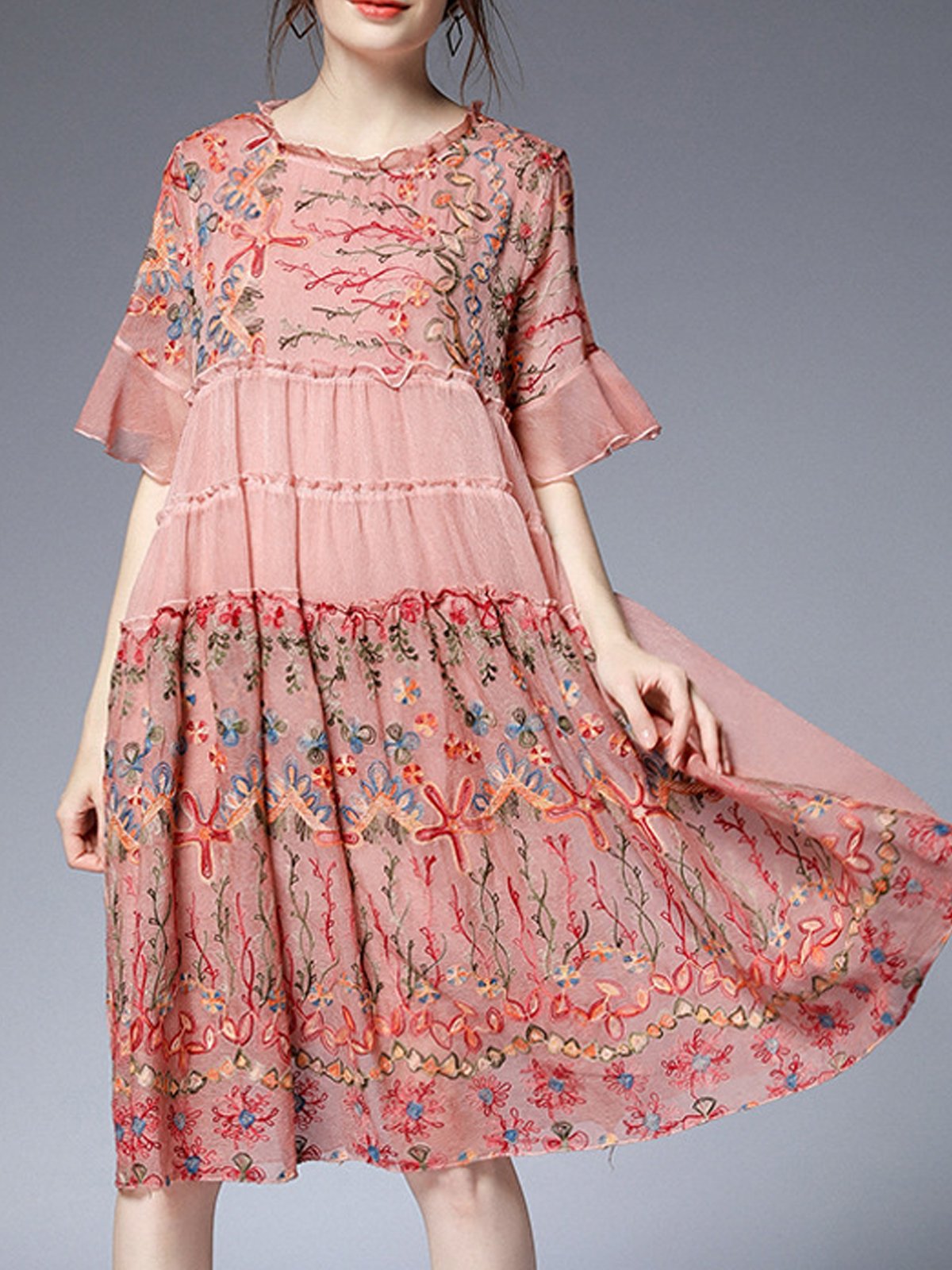 Femmes Floral Rose Col Rond Confortable Dentelle Court Robe Décontracté
