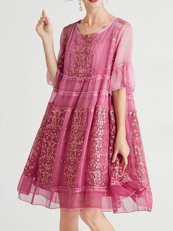 Femmes Floral Rose Col Rond Confortable Dentelle Court Robe Décontracté