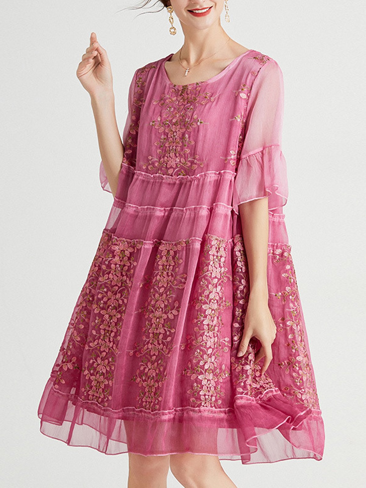 Femmes Floral Rose Col Rond Confortable Dentelle Court Robe Décontracté
