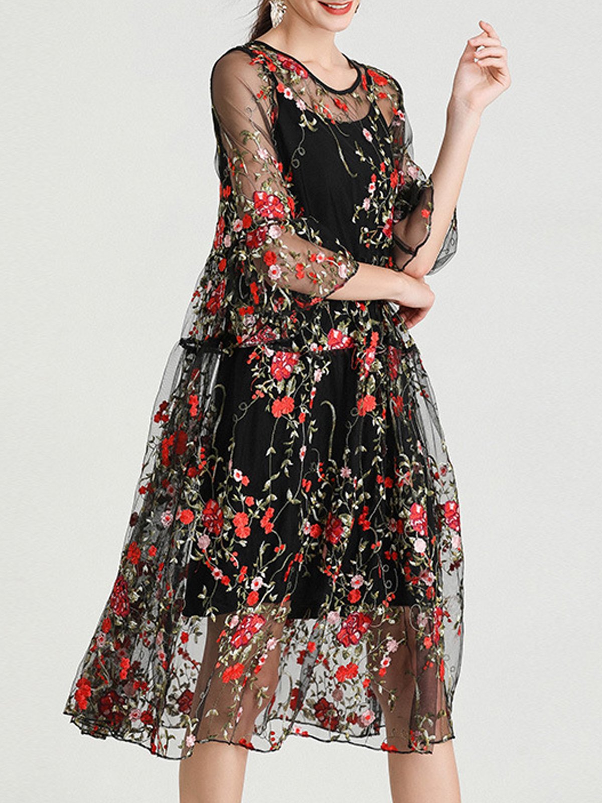 Femmes Floral Noir Col Rond Confortable Dentelle Robe Mi-Longue Décontracté