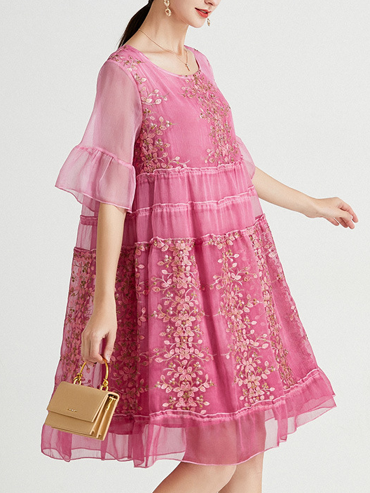 Femmes Floral Rose Col Rond Confortable Dentelle Court Robe Décontracté