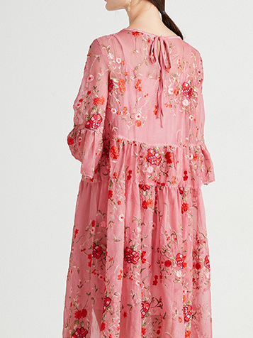 Femmes Floral Noir Col Rond Confortable Dentelle Robe Mi-Longue Décontracté