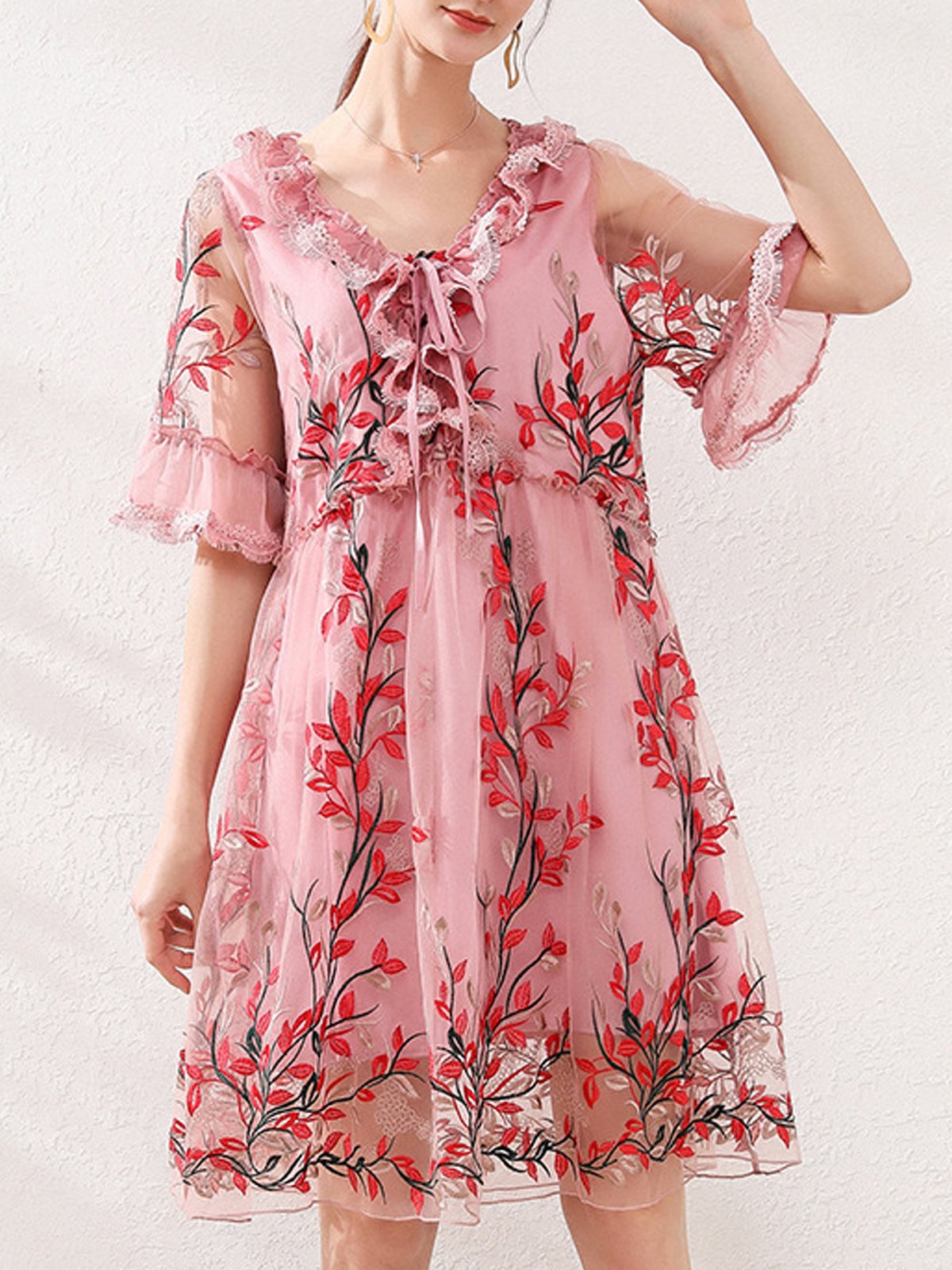 Femmes Floral Rose Col V Confortable Dentelle Court Robe Décontracté