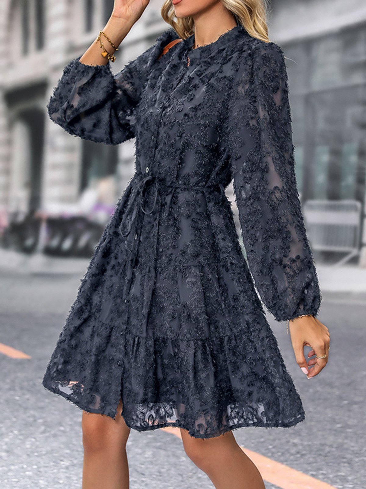 Femmes Plain Noir Col Rond Confortable Mini Robe Décontracté
