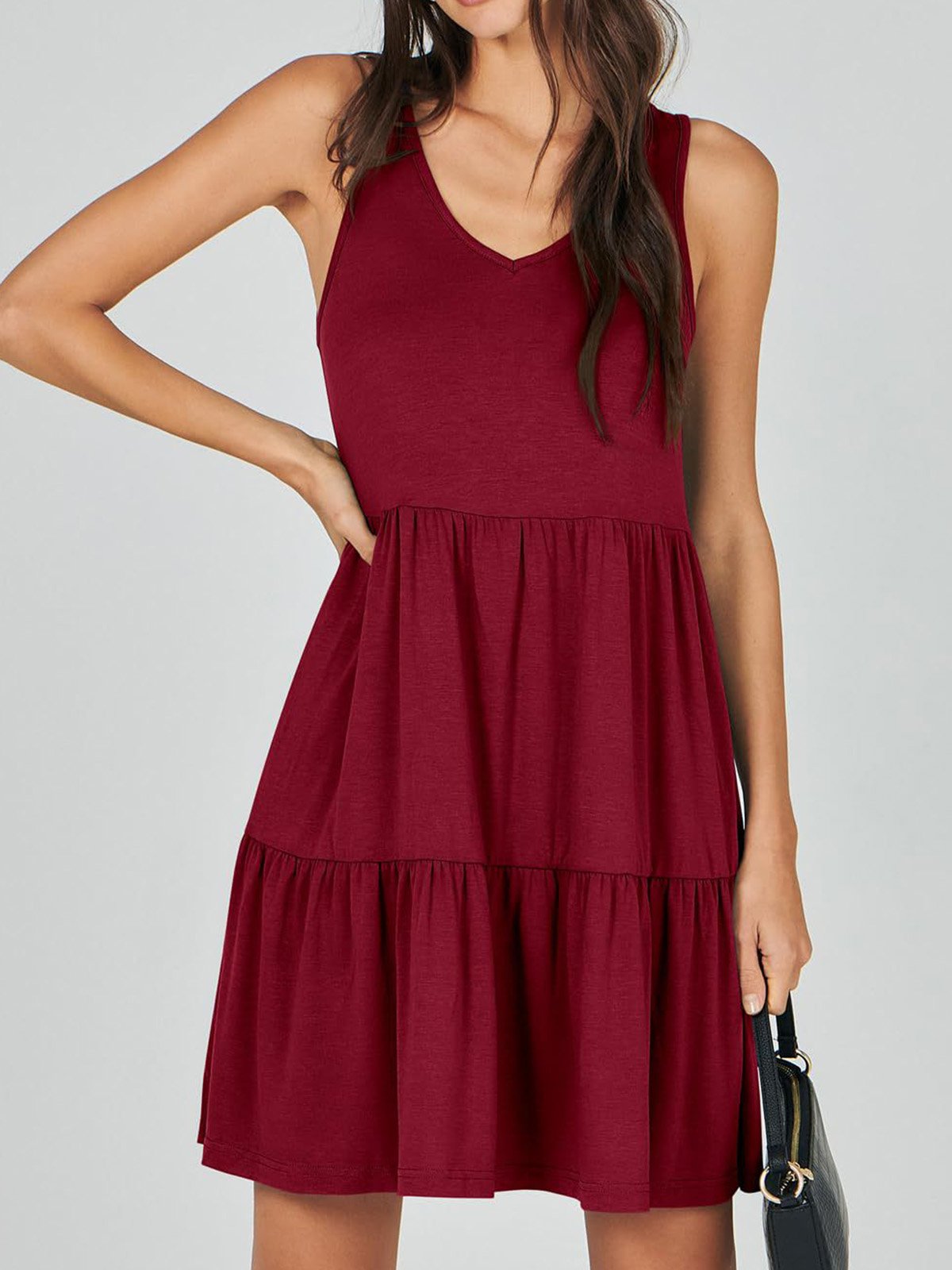 Femmes Plain Kaki Col V Confortable Robe Mi-Longue Décontracté