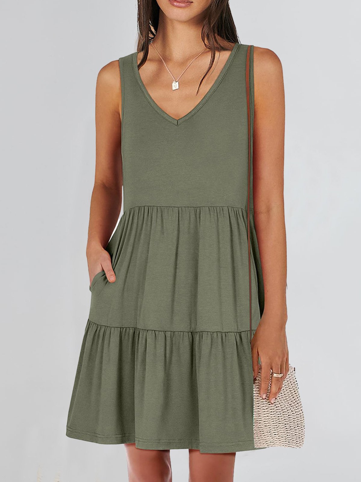 Femmes Plain Kaki Col V Confortable Robe Mi-Longue Décontracté