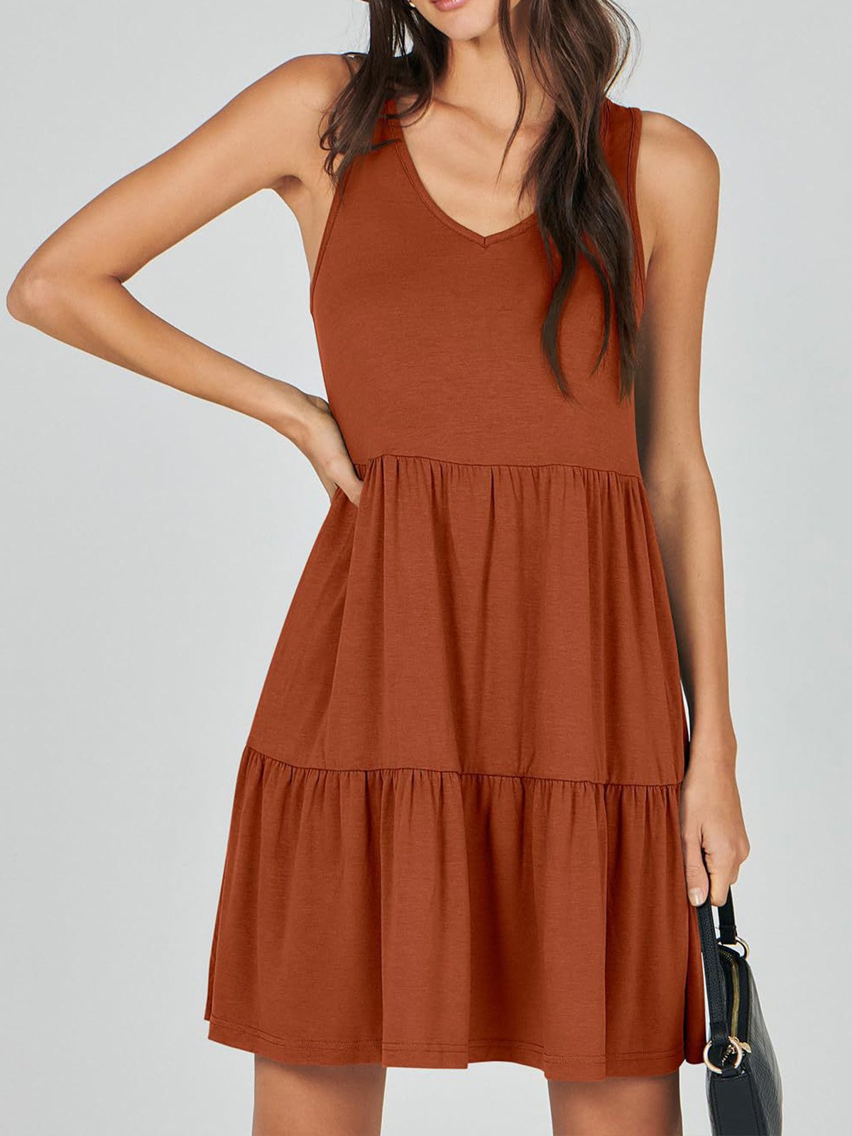 Femmes Plain Kaki Col V Confortable Robe Mi-Longue Décontracté