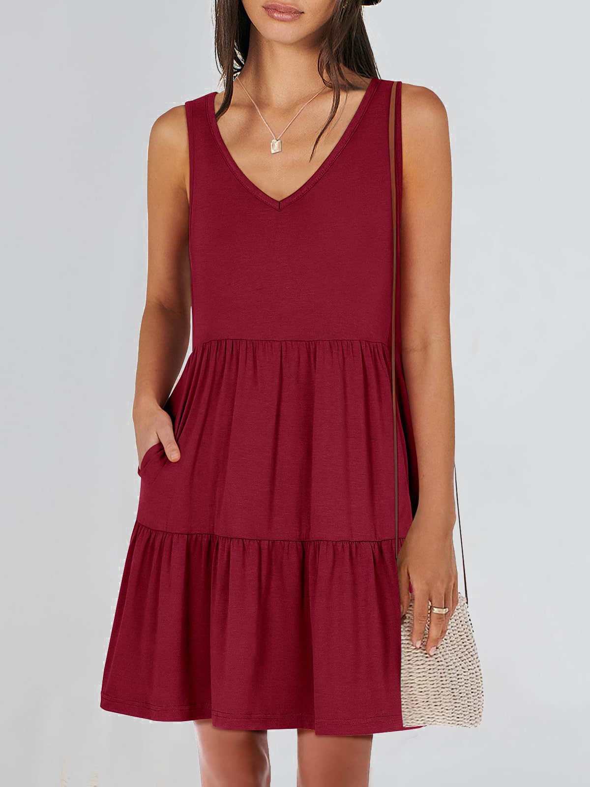 Femmes Plain Kaki Col V Confortable Robe Mi-Longue Décontracté