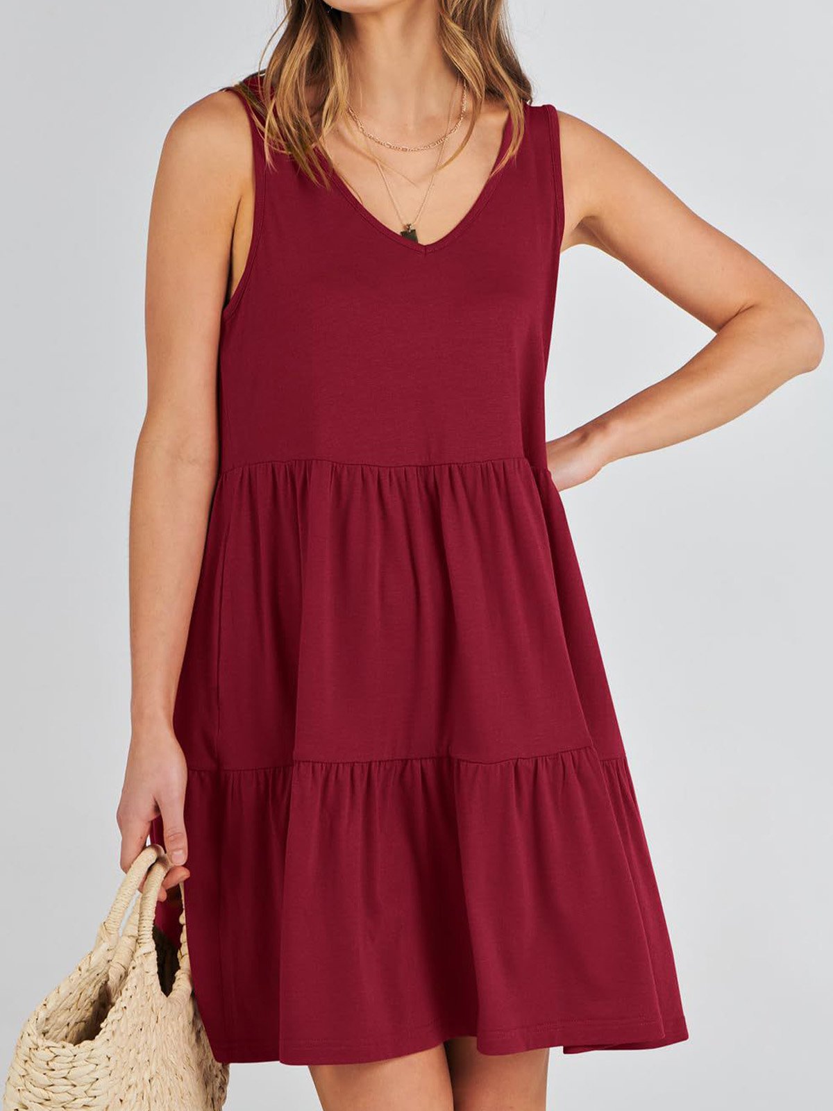 Femmes Plain Kaki Col V Confortable Robe Mi-Longue Décontracté