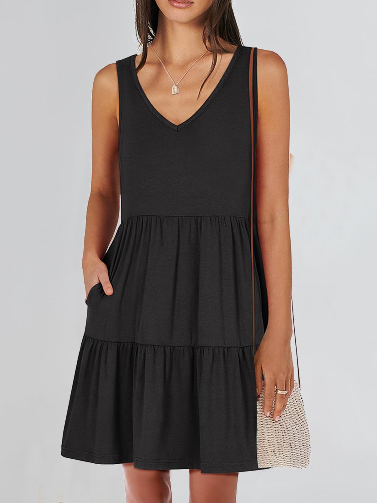 Femmes Plain Kaki Col V Confortable Robe Mi-Longue Décontracté
