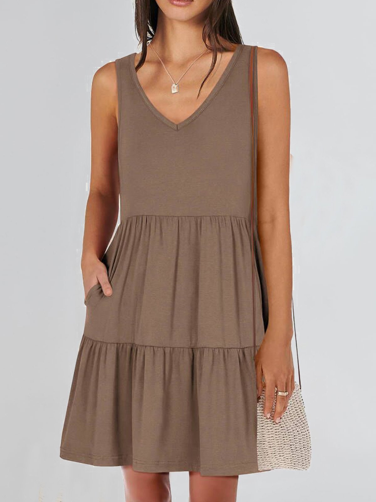 Femmes Plain Kaki Col V Confortable Robe Mi-Longue Décontracté