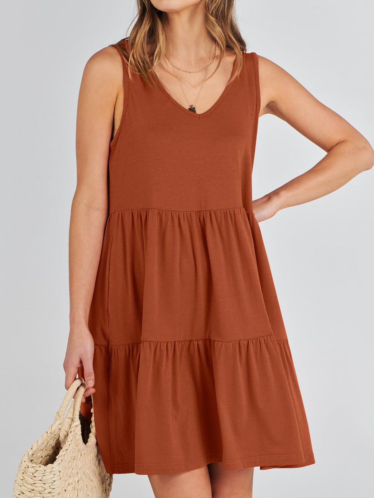 Femmes Plain Kaki Col V Confortable Robe Mi-Longue Décontracté