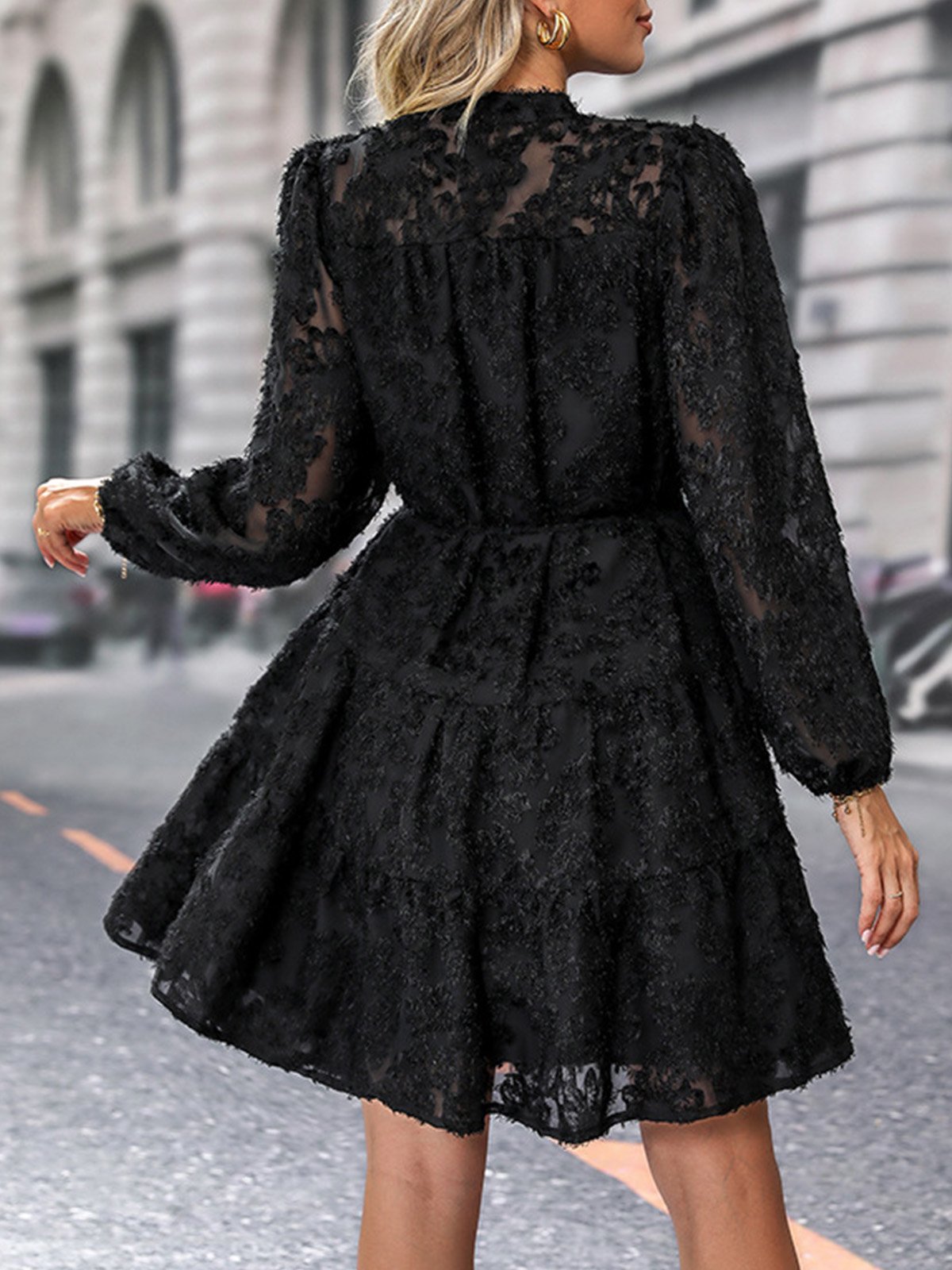 Femmes Plain Noir Col Rond Confortable Mini Robe Décontracté