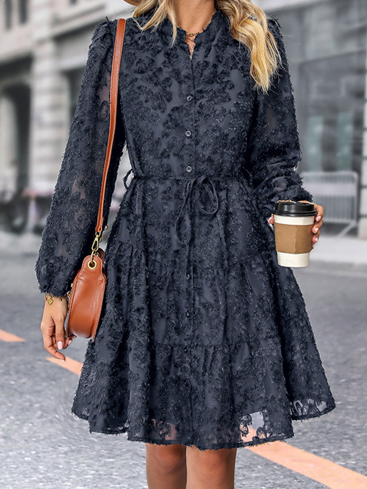 Femmes Plain Noir Col Rond Confortable Mini Robe Décontracté
