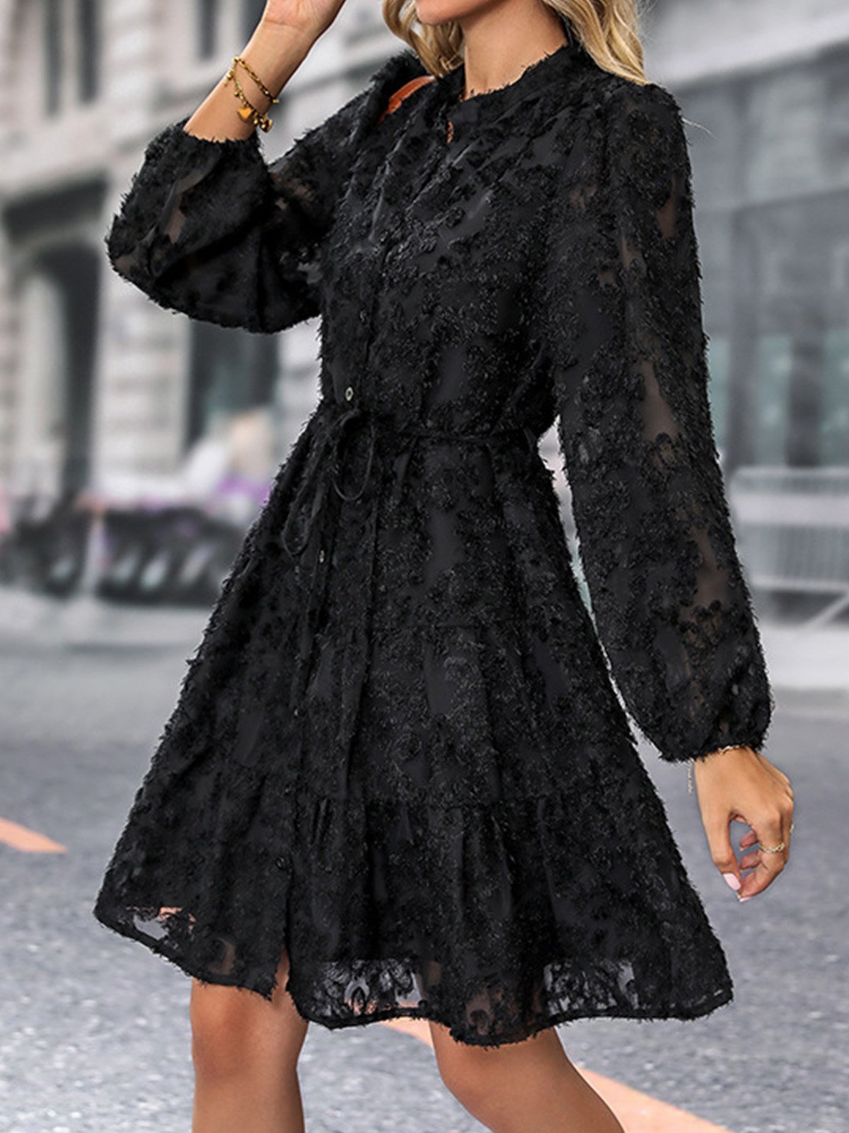 Femmes Plain Noir Col Rond Confortable Mini Robe Décontracté