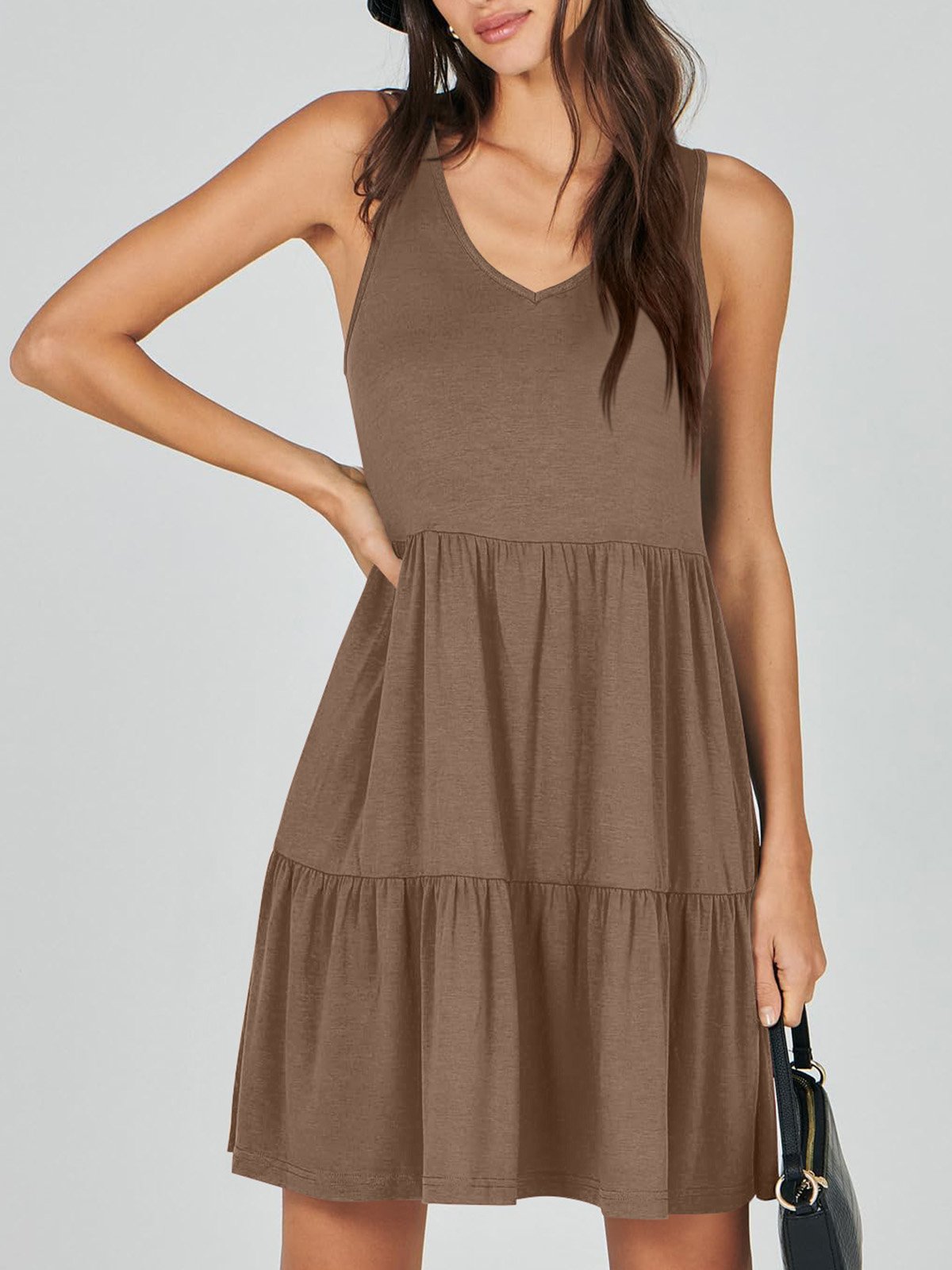 Femmes Plain Kaki Col V Confortable Robe Mi-Longue Décontracté