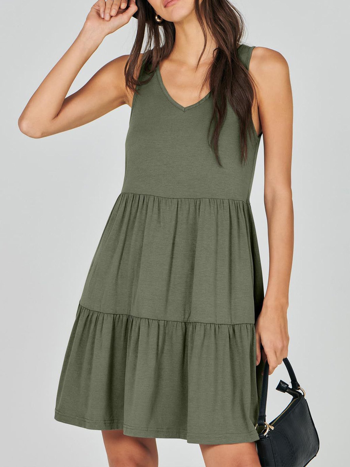 Femmes Plain Kaki Col V Confortable Robe Mi-Longue Décontracté