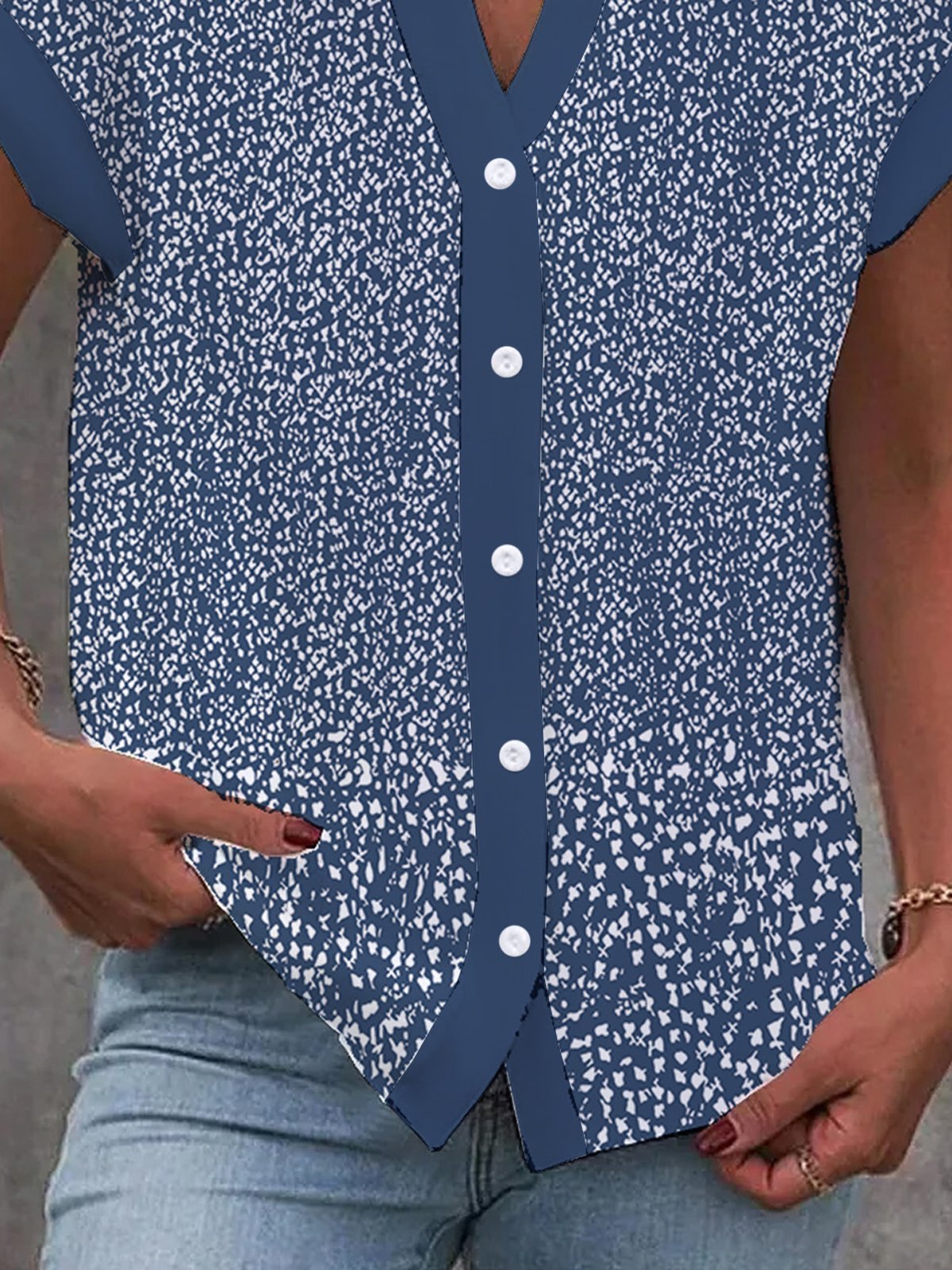 Blouses Décontracté Été Petit Floral Polyester Aucune élasticité Manches Courtes Régulier Régulier Entaillé pour Femmes