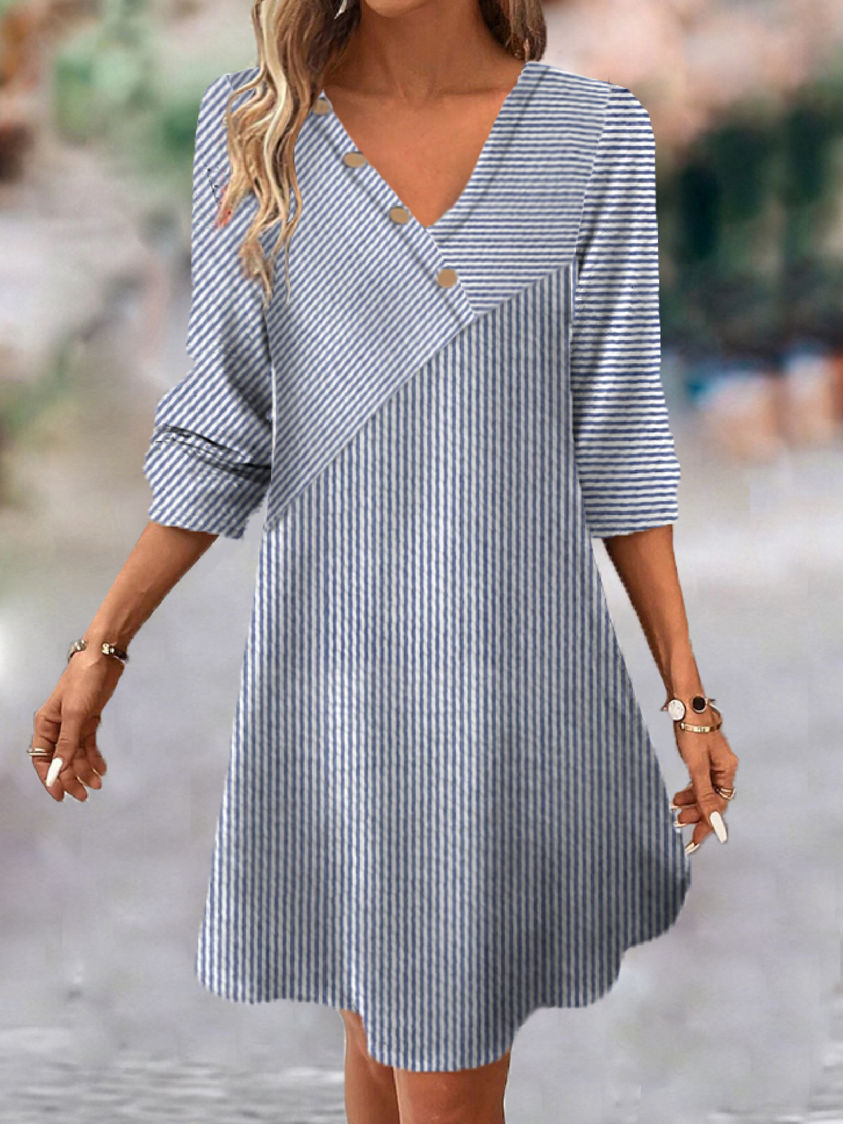 Femmes Rayé Bleu Col V Confortable Court Robe Décontracté