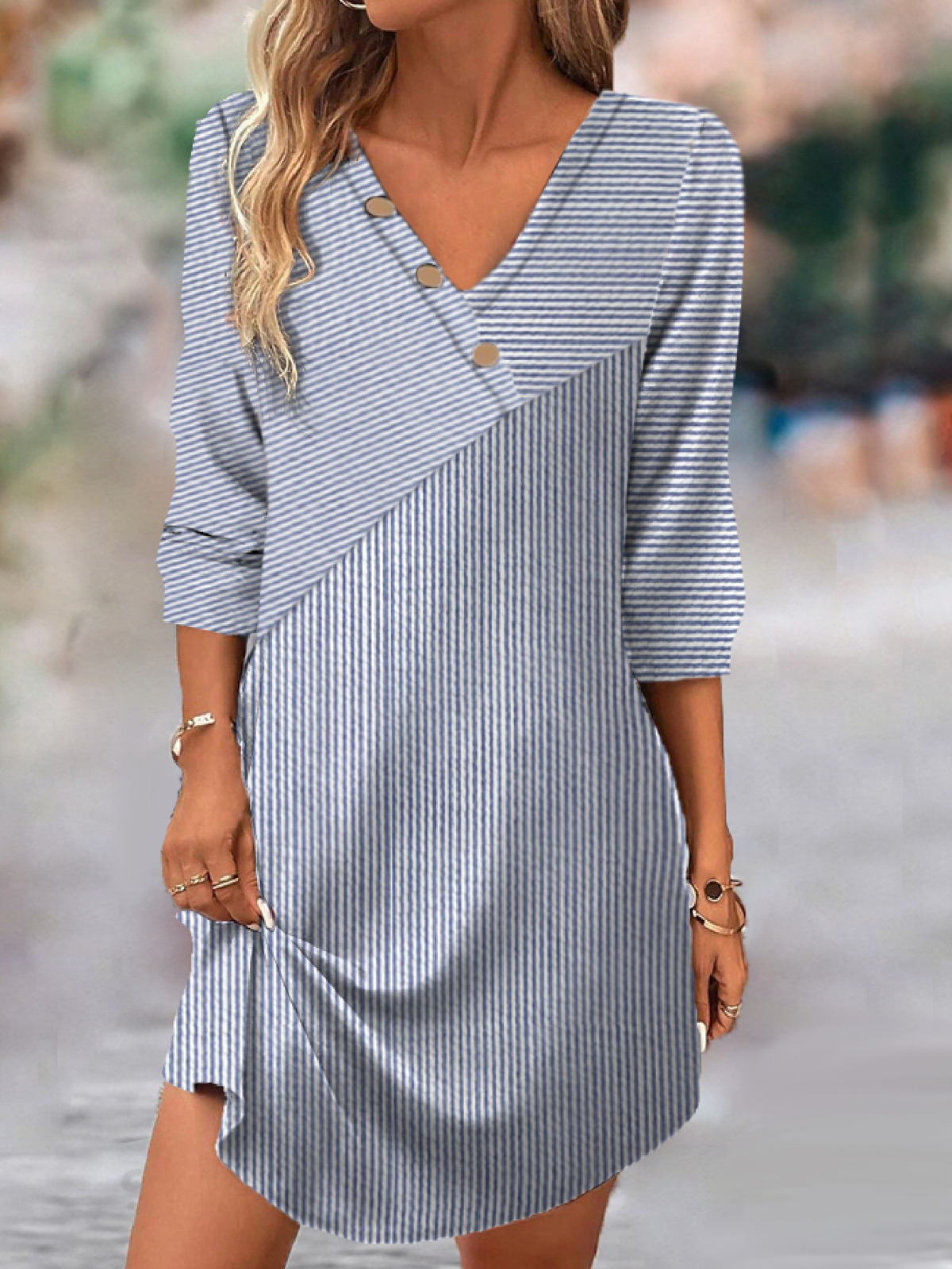 Femmes Rayé Bleu Col V Confortable Court Robe Décontracté