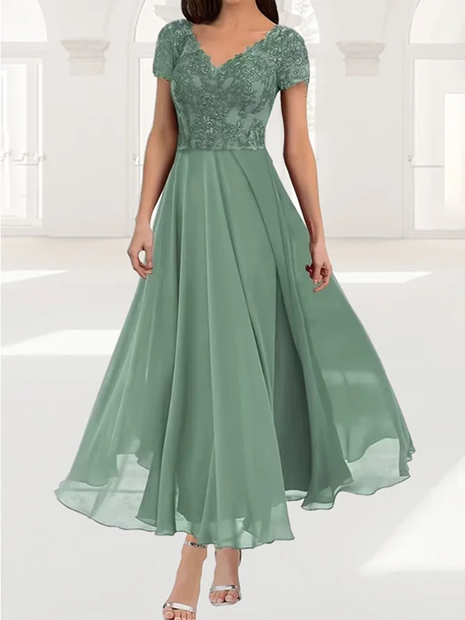 Femmes Plain Vert Col V Confortable Dentelle Robe Maxi Élégant