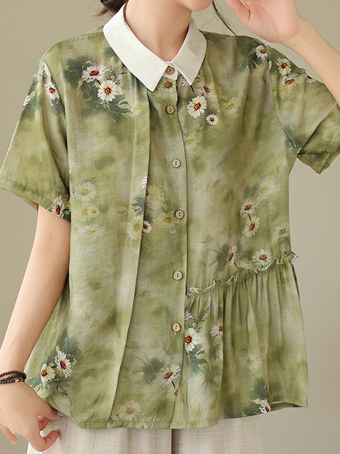 Blouses Décontracté Floral Été Col Montant Quotidien Ample Manches Courtes Régulier Régulier pour Femmes
