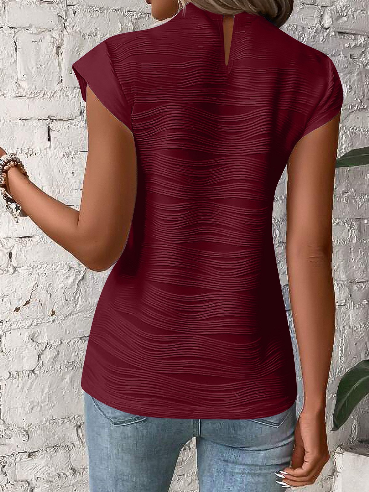 Chemises Décontracté Plain Été Polyester Coupe Régulière Manches Courtes Droit Régulier Demi col roulé pour Femmes