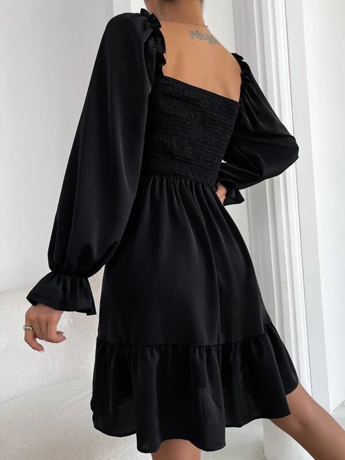 Femmes Plain Noir Col Carré Confortable Mini Robe Décontracté