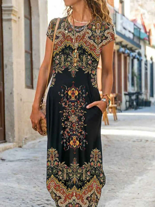 Femmes Nationalité/ethnie Noir Col Rond Confortable Poche Couture Robe Maxi Décontracté