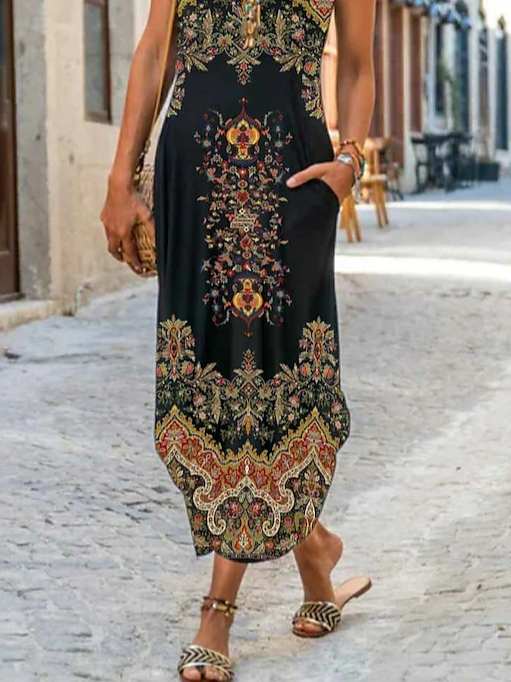 Femmes Nationalité/ethnie Noir Col Rond Confortable Poche Couture Robe Maxi Décontracté