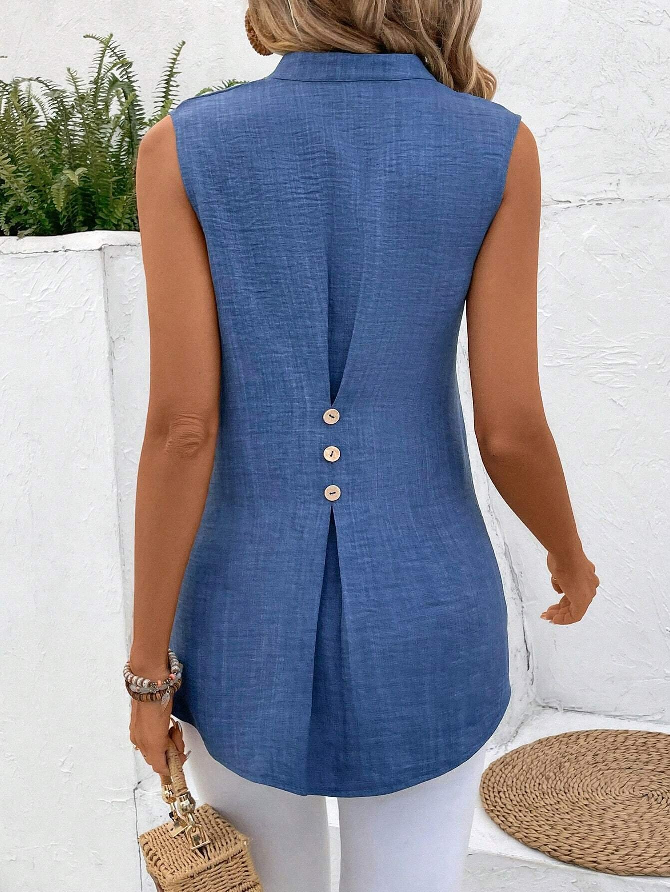 Chemises Plain Été Simple Boutonné Aucune élasticité Ample Sans Manches Régulier Trapèze pour Femmes