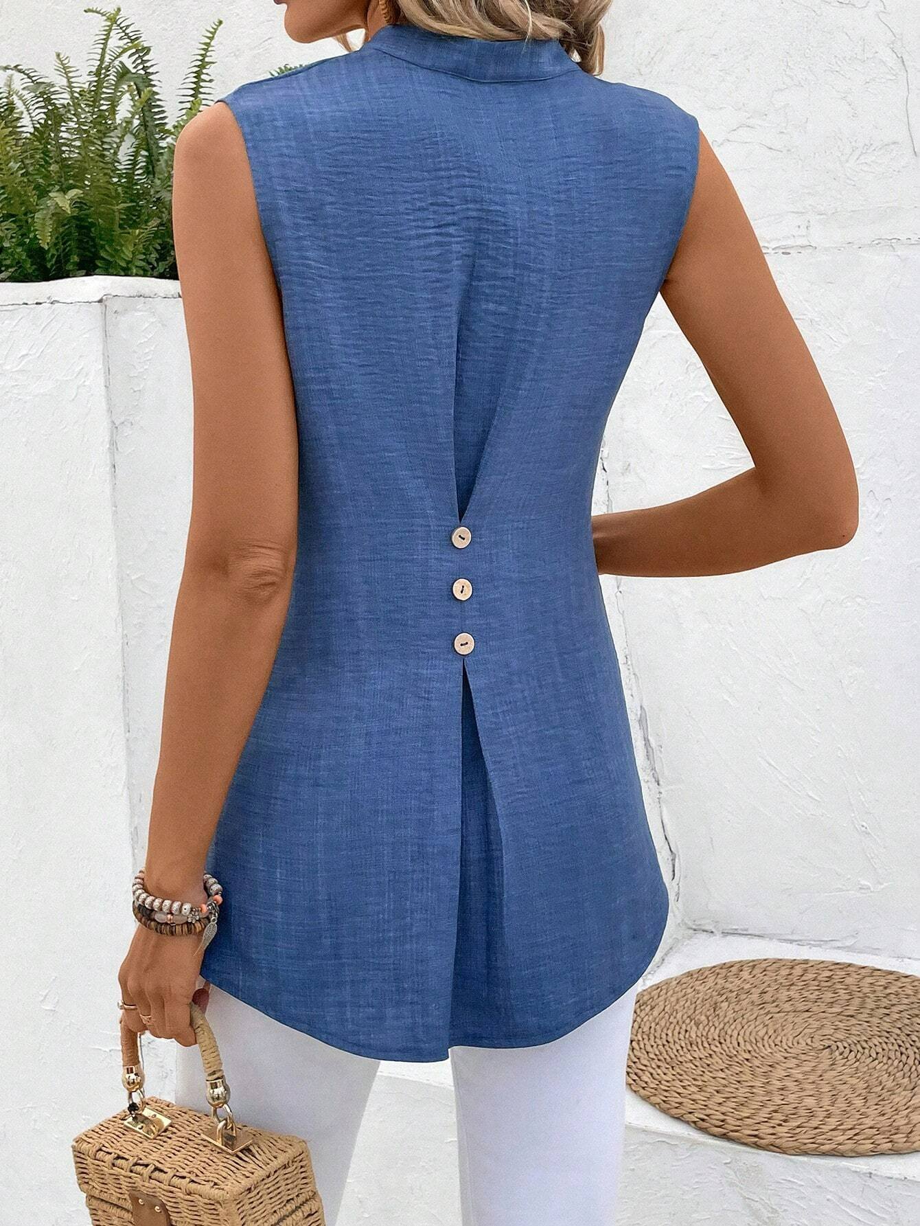 Chemises Plain Été Simple Boutonné Aucune élasticité Ample Sans Manches Régulier Trapèze pour Femmes