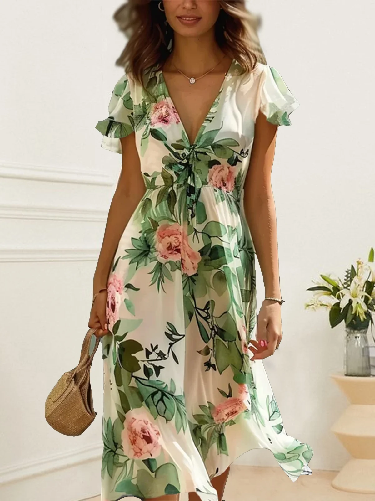 Femmes Floral Vert Col V Confortable à Lacets Robe Mi-Longue Élégant