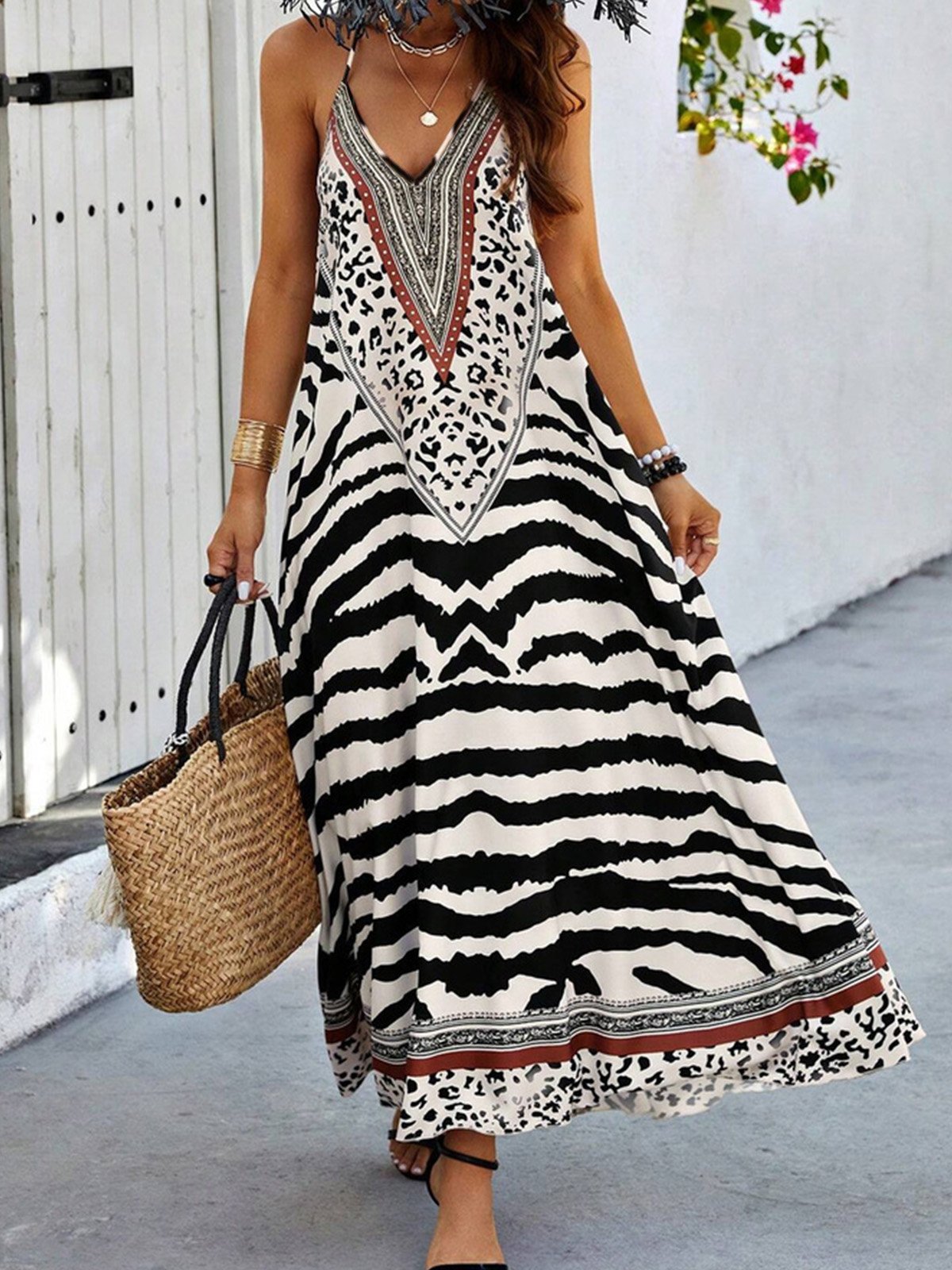 Femmes Rayé Noir à Bretelles Confortable Robe Maxi Vacances