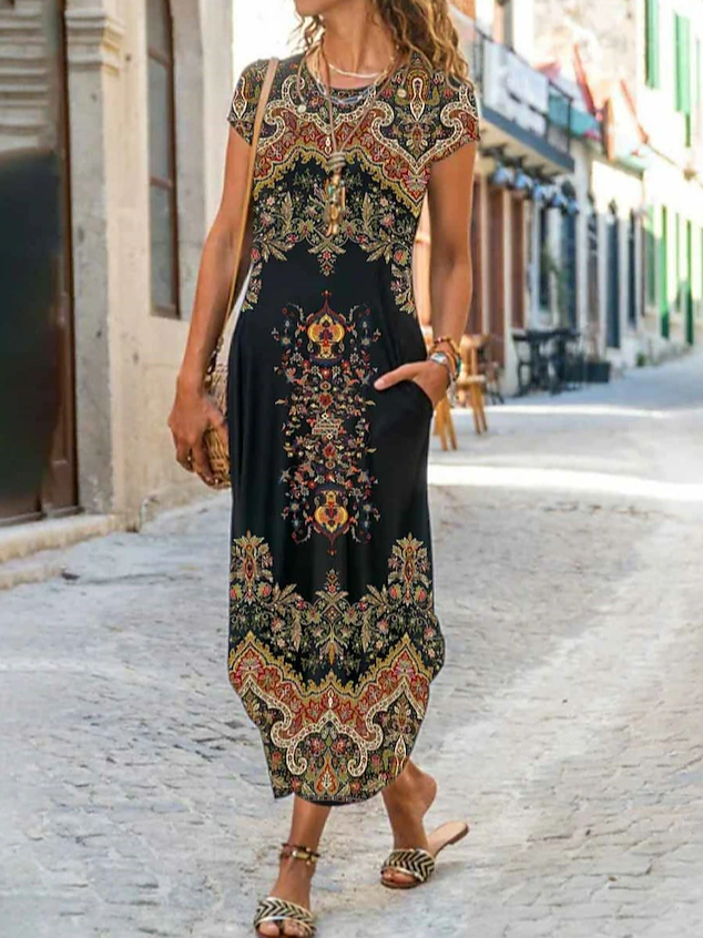 Femmes Nationalité/ethnie Noir Col Rond Confortable Poche Couture Robe Maxi Décontracté