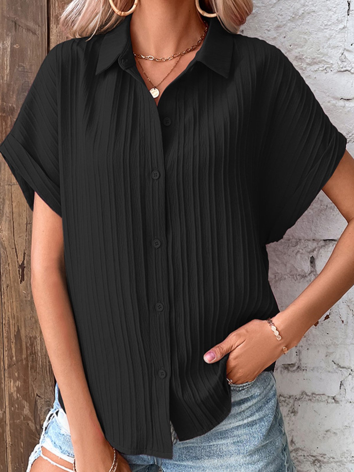 Blouses Décontracté Plain Été Polyester Aucune élasticité Quotidien Manches Courtes Régulier Droit pour Femmes