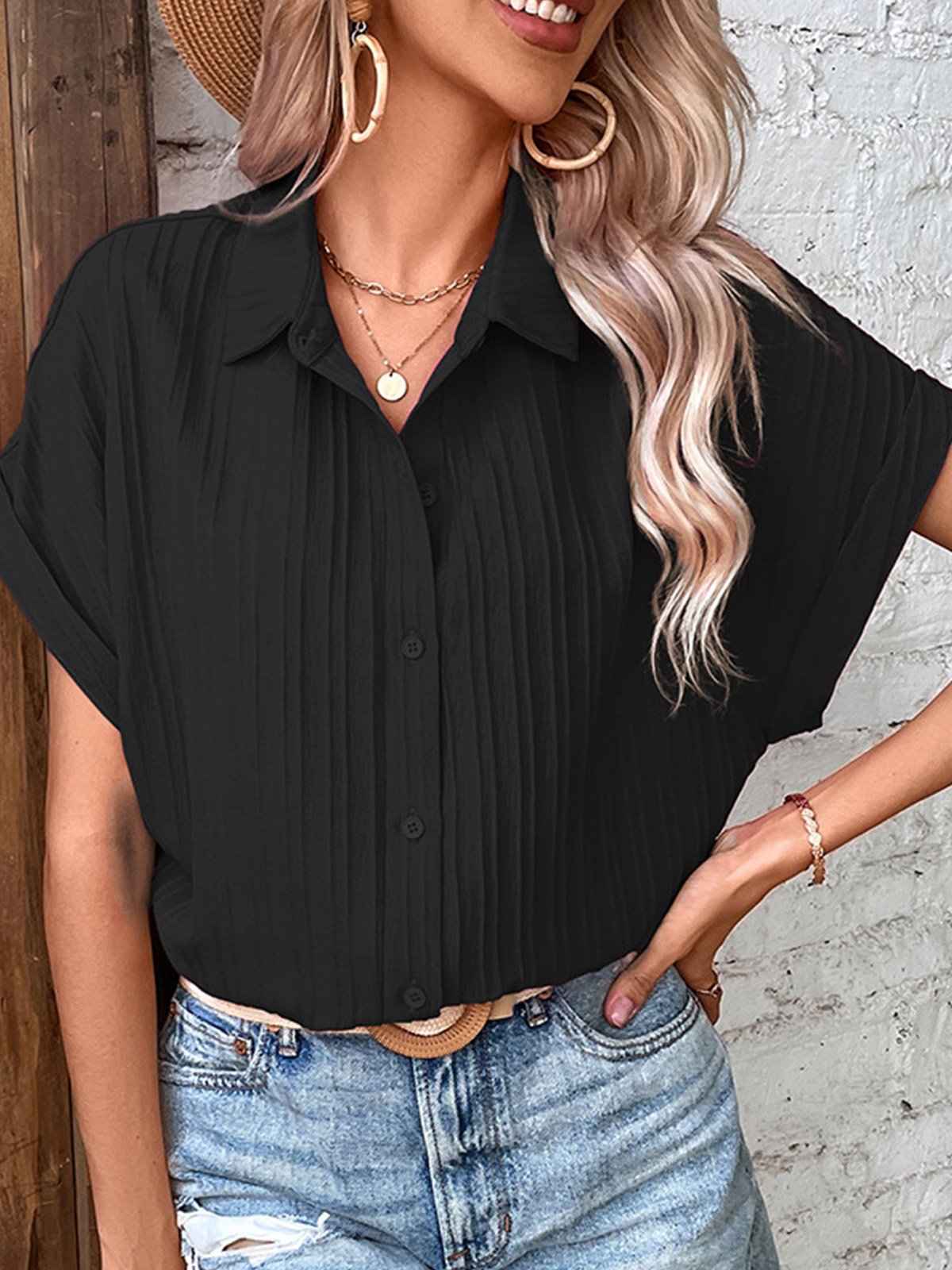 Blouses Décontracté Plain Été Polyester Aucune élasticité Quotidien Manches Courtes Régulier Droit pour Femmes