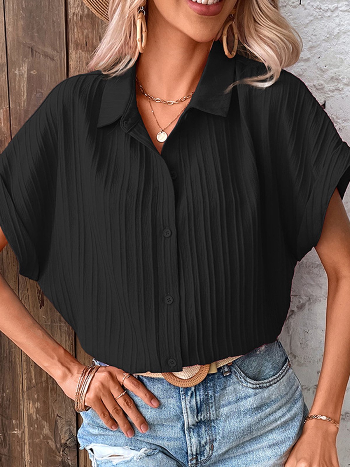 Blouses Décontracté Plain Été Polyester Aucune élasticité Quotidien Manches Courtes Régulier Droit pour Femmes