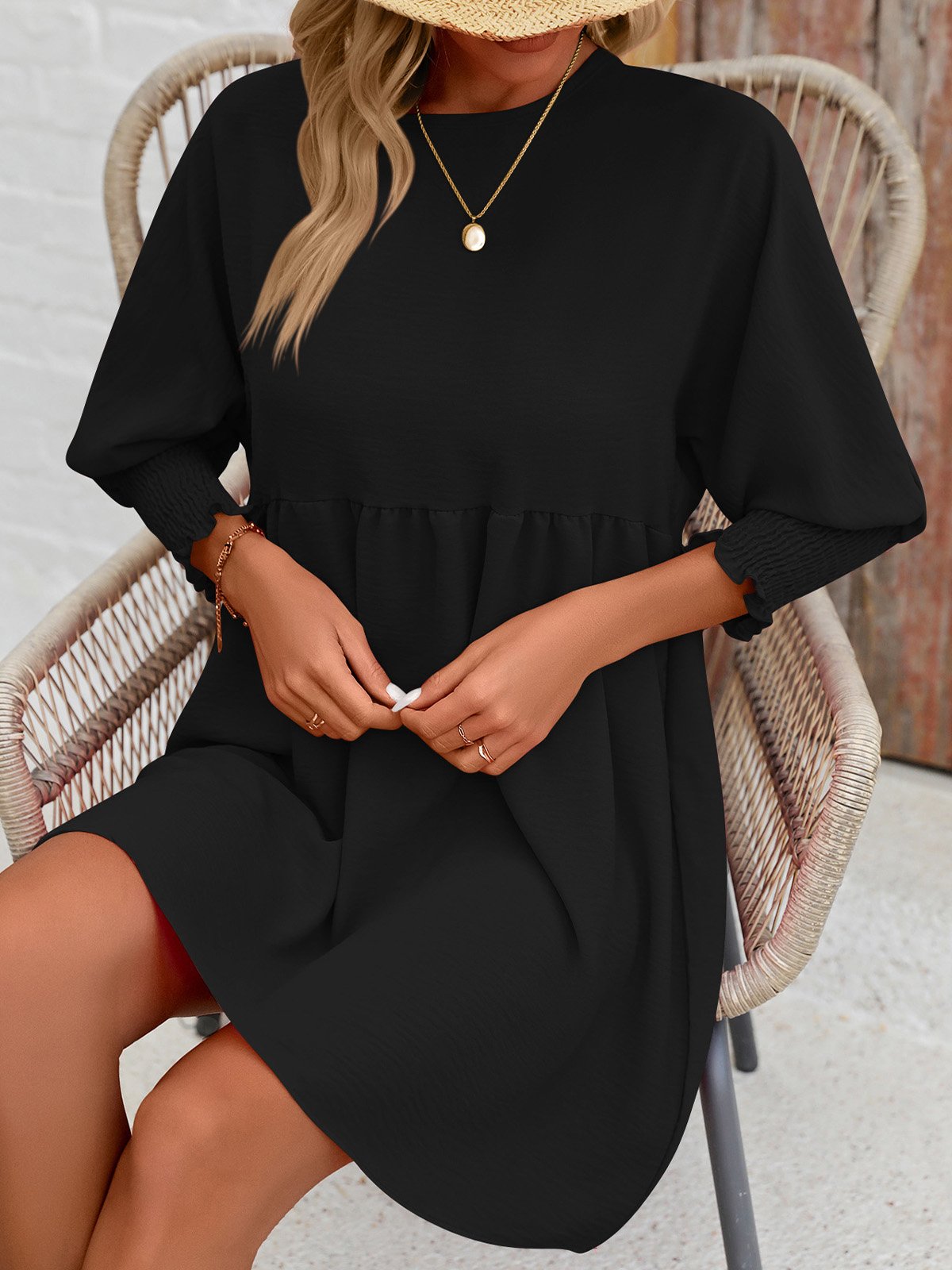 Femmes Plain Noir Col Rond Confortable Court Robe Décontracté