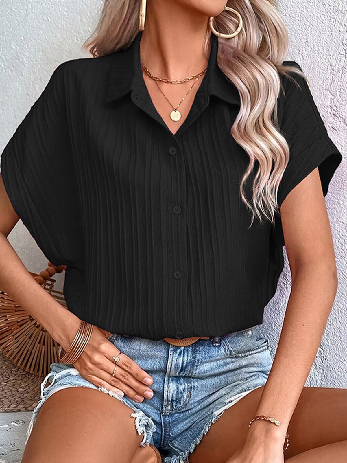Blouses Décontracté Plain Été Polyester Aucune élasticité Quotidien Manches Courtes Régulier Droit pour Femmes