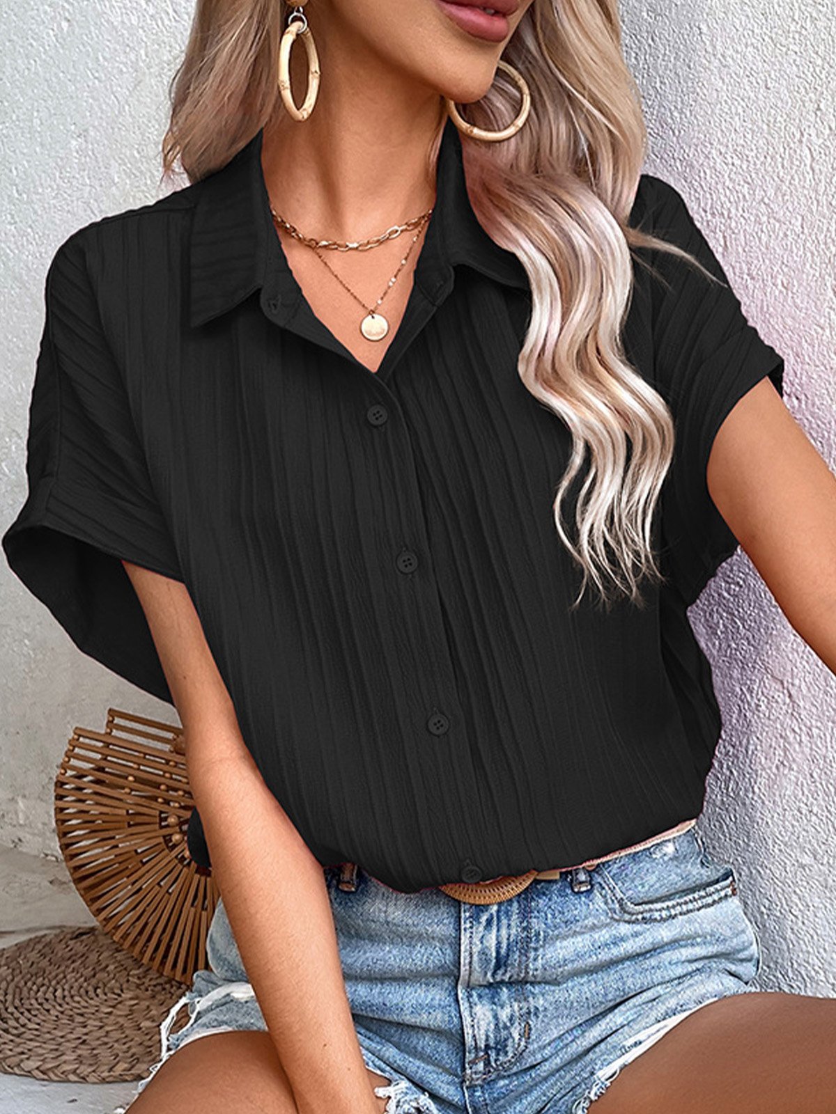Blouses Décontracté Plain Été Polyester Aucune élasticité Quotidien Manches Courtes Régulier Droit pour Femmes
