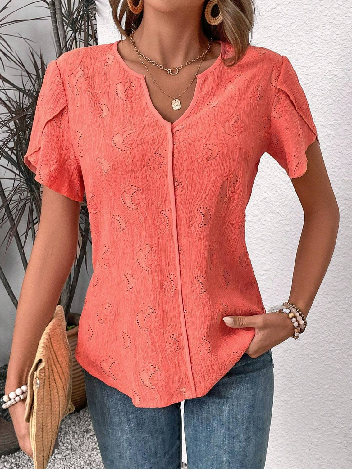 Chemises Plain Été Simple Polyester Micro-élasticité Ample Manches Courtes Entaillé Coton Et Lin pour Femmes